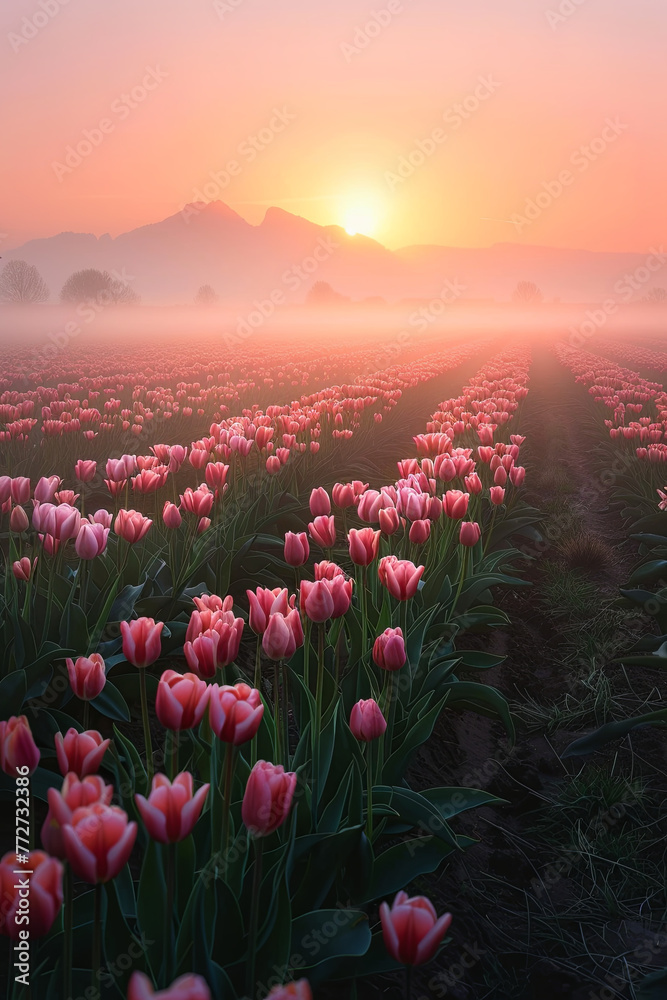 Naklejka premium Beautiful tulip field in a foggy morning during the sunrise