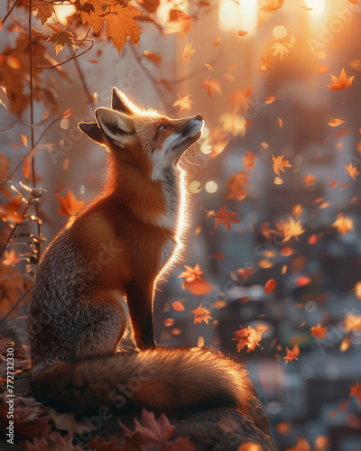 Fox, autumn leaves, sleek, blending into cityscape, dusk, realistic, golden hour, depth of field bokeh effect © Jiraphiphat