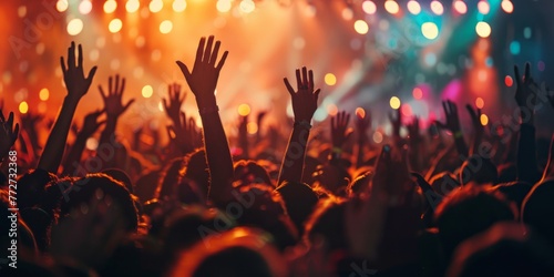 A lively crowd of people at a concert, enthusiastically raising their hands in the air while enjoying the music