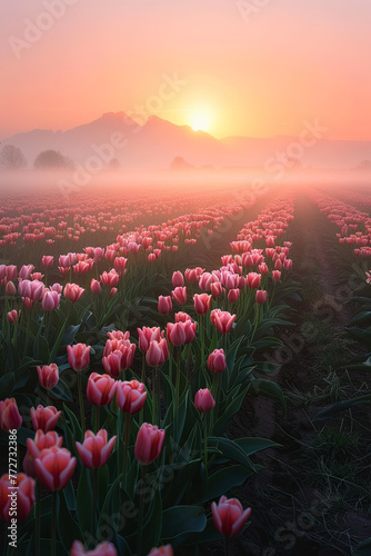 Beautiful tulip field in a foggy morning during the sunrise © grey