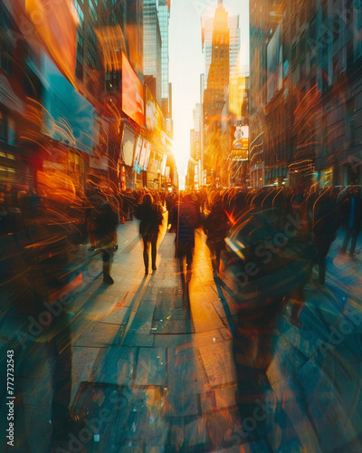 Pedestrians  Sidewalks  Urban Diversity  People walking amidst city chaos  Diverse mix of cultures in a bustling urban setting  Realistic  Golden Hour  Motion Blur