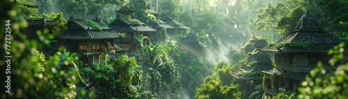 Plant-Human Hybrid Villagers, Vine-covered dwellings, Peaceful village set amidst lush greenery, Mystical aura, Photography, Soft bokeh effect, Backlights