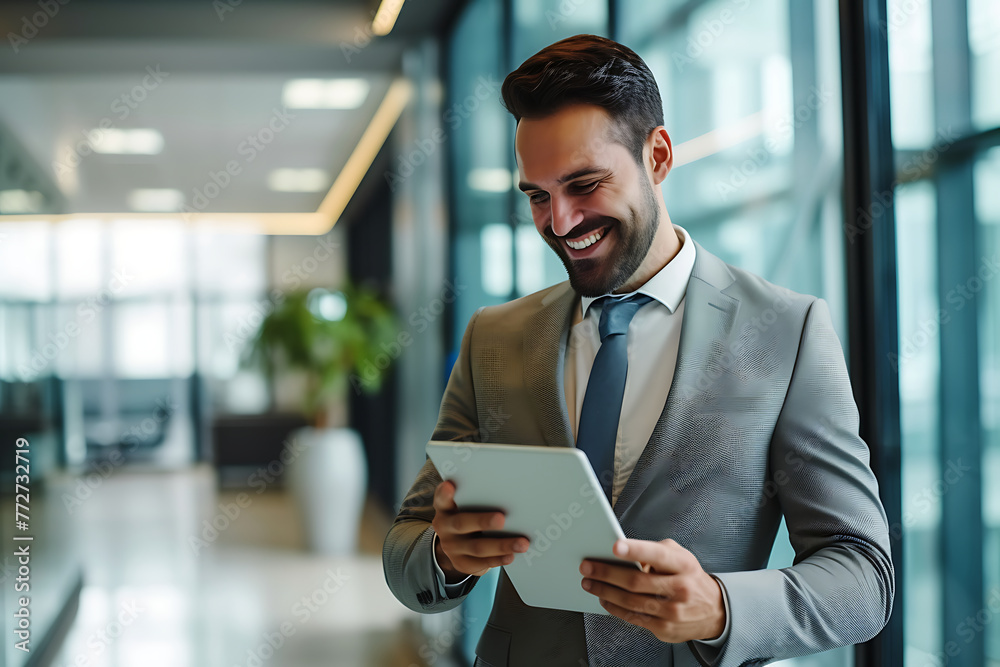 A businessman in the office smiles, looking at a tablet in his hand, reflecting productivity. Generative AI A businessman in the office smiles, looking at a tablet in his hand, reflecting productivity. Generative AI