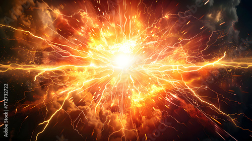 A vibrant digital illustration of a powerful energy burst with electric arcs and fiery hues, depicting a cosmic event
