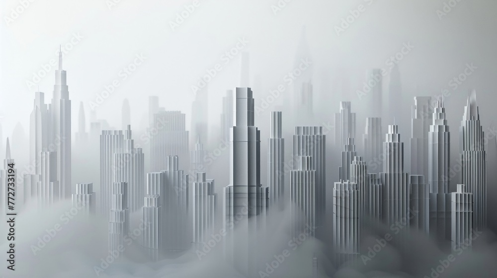 Hazy skyline, PM25, 3D paper, close view, layered buildings, grey tones, sharp outlines