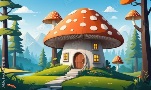 A nature landscape setting with a whimsical mushroom house, creating a charming and enchanting background