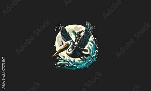 witch riding pelican flying on moon vector artwork design