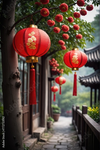 A picturesque scene featuring red lanterns gracefully suspended from a tree adorned with vibrant and beautiful flowers