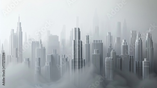 Hazy skyline  PM25  3D paper  close view  layered buildings  grey tones  sharp outlines