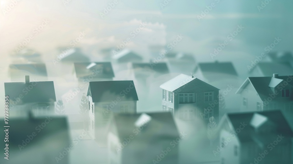 Fototapeta premium Residential area in PM25 smog, 3D paper craft, close up on houses, faded color layers, clear outlines