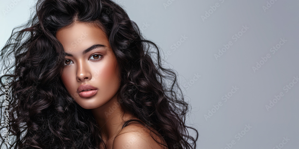 Beauty portrait of a young Indian woman with curly hair isolated from a white copyspace background