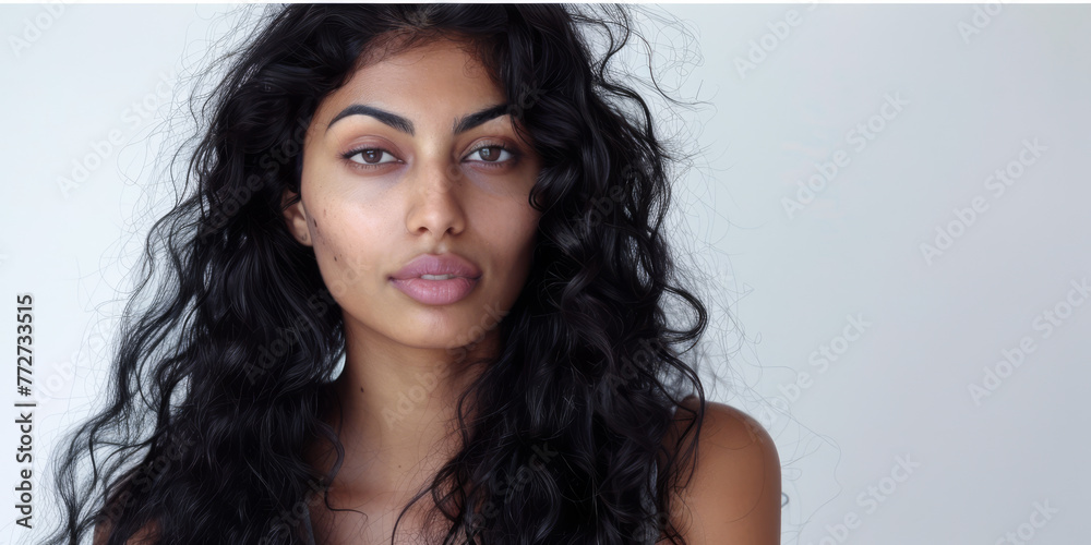 Naklejka premium Beauty portrait of a young Indian woman with curly hair isolated from a white copyspace background