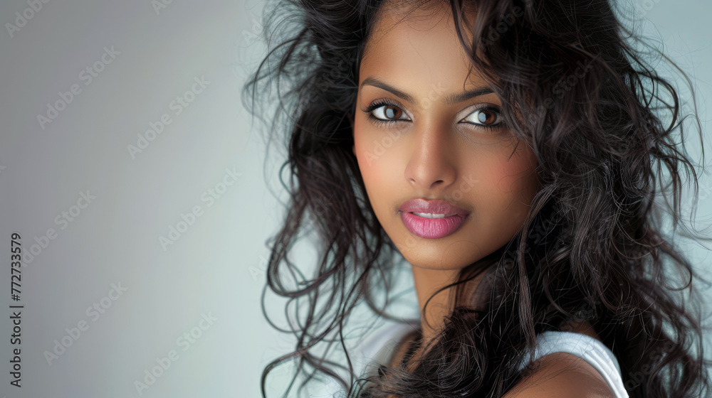 Naklejka premium Beauty portrait of a young Indian woman with curly hair isolated from a white copyspace background