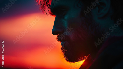 A man with a beard and a mustache is looking at the camera. The image is set against a backdrop of a sunset, creating a warm and intimate atmosphere