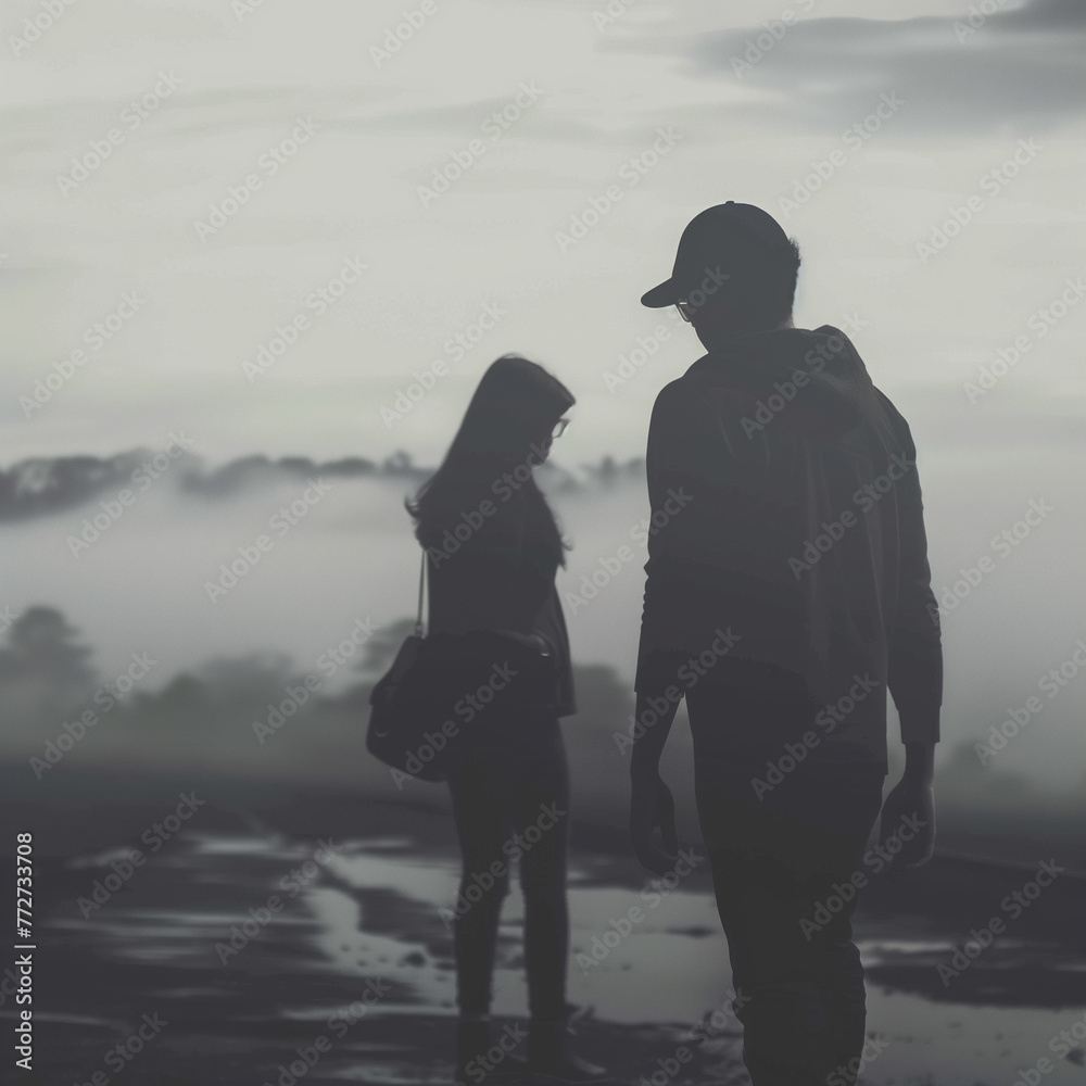 A man and a woman are walking on a beach. The man is carrying a backpack. The sky is cloudy and the beach is foggy