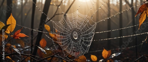 Autumn's Elegance Sunlit Spider Web Adorned with Dew Drops, Capturing Nature's Splendor in the Fall Light 