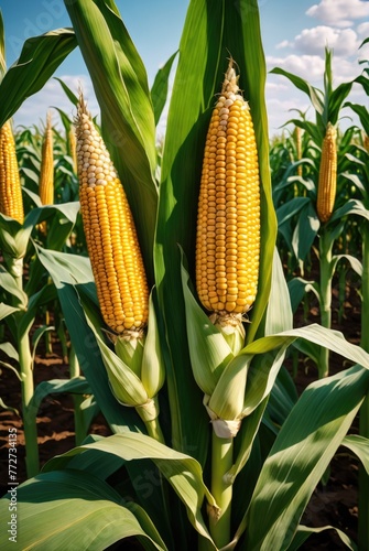 Close-up corn cobs in corn plantation field 
