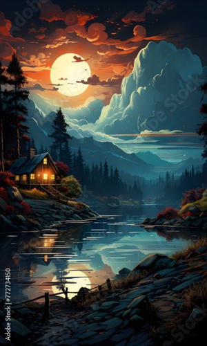 a lake with a house in the middle and a full moon in the background