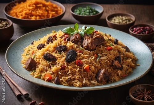 Kabuli Pulao A fragrant rice dish cooked with spices, including cardamom, cloves, and cumin, often mixed with raisins, carrots, and lamb or chicken