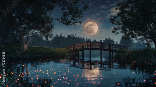 A small wooden bridge spans a tranquil pond the moons reflection rippling on its surface. The surrounding meadow is dotted with fireflies . .