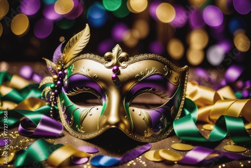 Mardi gras with mask and confetti background