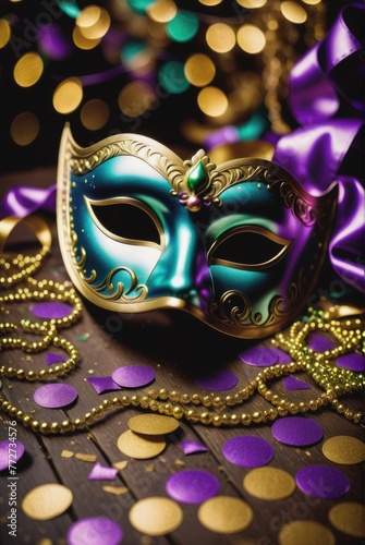 Mardi gras with mask and confetti background
