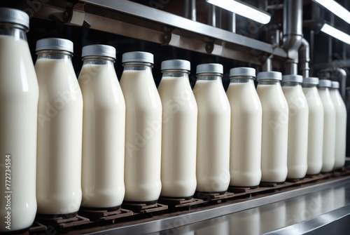 Milk factory. Robotic factory line for processing and bottling of milk
