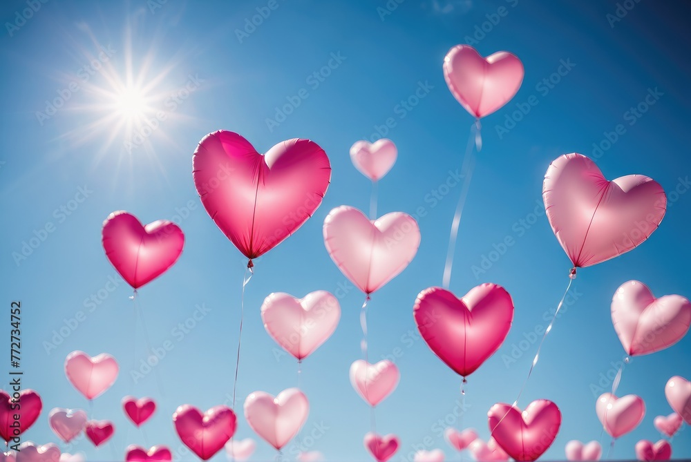 Pink hearts floating against a backdrop of a serene blue sky, setting the romantic tone for Valentine's Day