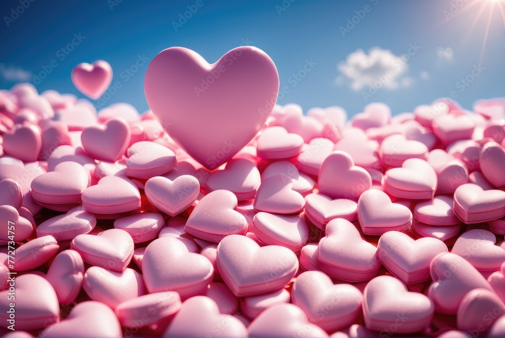 Pink hearts floating against a backdrop of a serene blue sky, setting the romantic tone for Valentine's Day