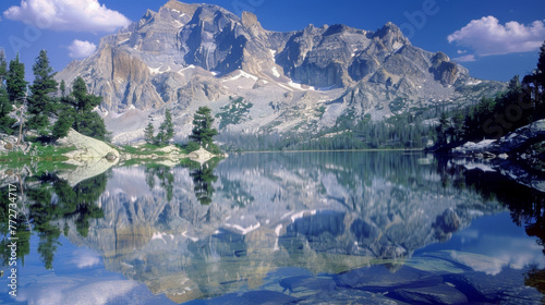 A towering mountain range reflected in the still waters of a serene alpine lake. . .