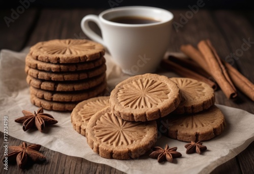 Speculoos Spiced shortcrust biscuits often flavored with cinnamon, nutmeg, and cloves, typically enjoyed with coffee or as a cookie butter spread photo