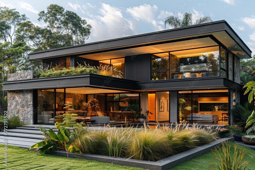 Modern flat roof house with sleek lines in a minimal architecture style Modern flat roof house with sleek lines in a minimal architecture style