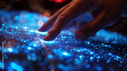 Close up of human hand touching virtual panel with blue lights. generative ai.