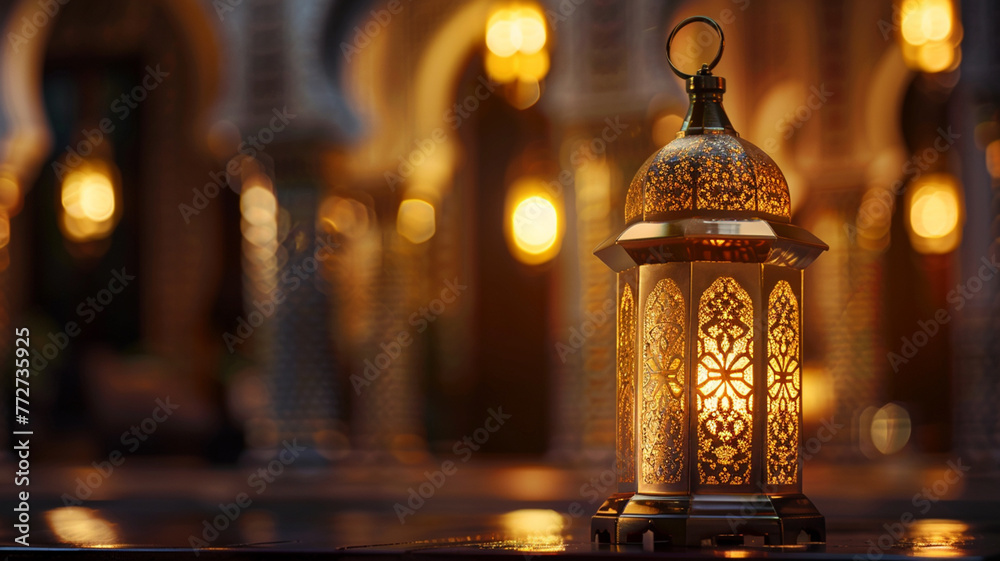 Golden lantern with candle, lamp with arabic decoration, arabesque design. Beautiful muslim invitation with ramadan. Eid mubarak. Religion background