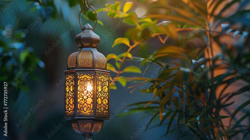 Golden lantern with candle, lamp with arabic decoration, arabesque design. Beautiful muslim invitation with ramadan. Eid mubarak. Religion background Golden lantern with candle, lamp with arabic decoration, arabesque design. Beautiful muslim invitation with ramadan. Eid mubarak. Religion background