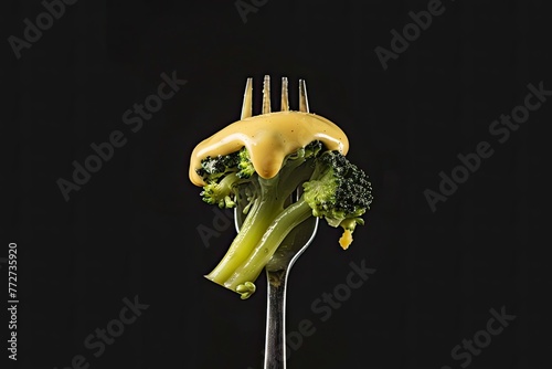 A bite of broccoli topped with golden cheese sauce. Isolated on black
