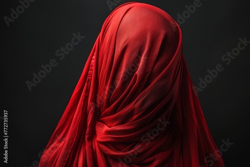 portrait of a woman with her head covered in a red fabric on a grey studio background