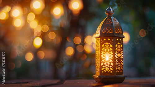 Golden lantern with candle, lamp with arabic decoration, arabesque design. Beautiful muslim invitation with ramadan. Eid mubarak. Religion background