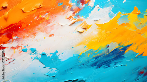 A painting with a blue sky and orange and yellow splatters. The splatters are in different sizes and shapes, and they create a sense of movement and energy. The painting is abstract