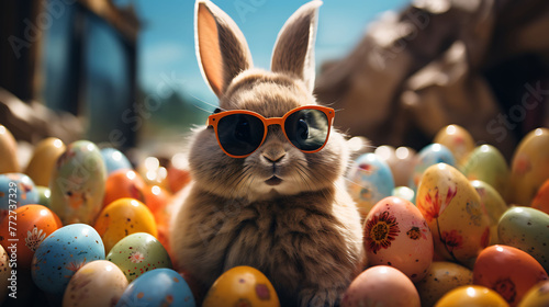 Cute Easter Bunny with sunglasses looking out of a car filed with easter eggs