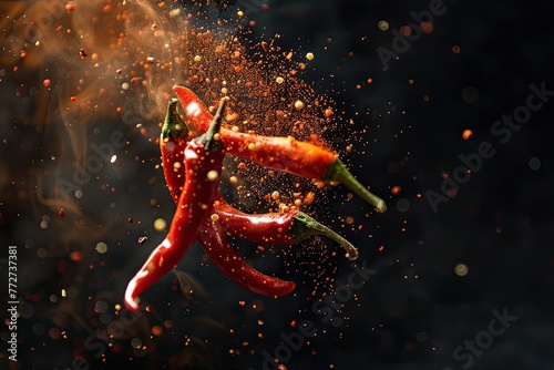 Cayenne pepper is flowing-photographed on black background