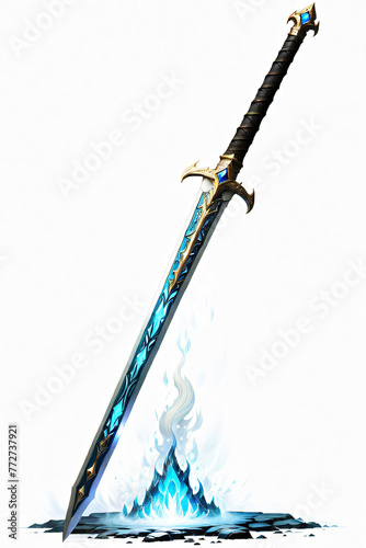 Illustration of a fantasy sword with fire on a white background.