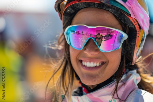 Joyful adventurer in colorful winter sportswear with reflective visor enjoying a mountain resort - outdoor lifestyle portrait