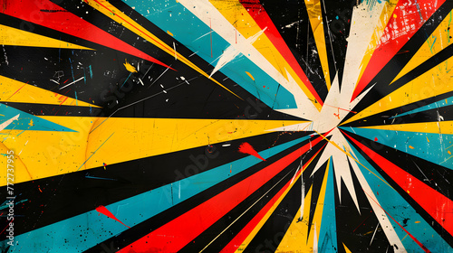 A colorful abstract painting with a bright yellow and red stripe. The painting is full of energy and movement, with a sense of chaos and excitement. The colors are bold and vibrant