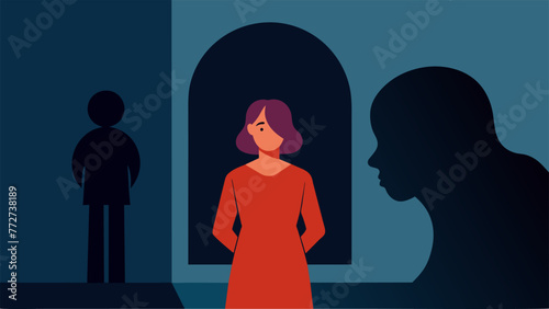 A person standing in front of a mirror but instead of their reflection they see the image of their abuser representing the internal battle of