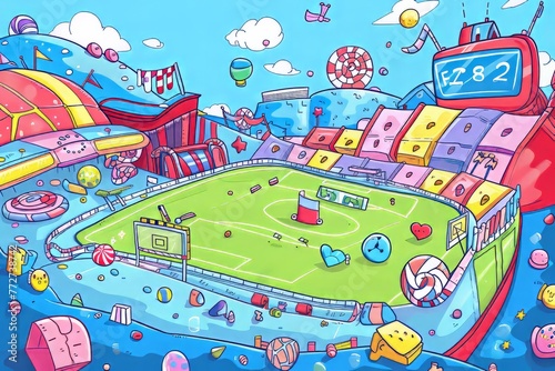 Cartoon cute doodles of a candy sports stadium where teams compete in games like gumball soccer, candy cane hockey, and jellybean basketball, Generative AI