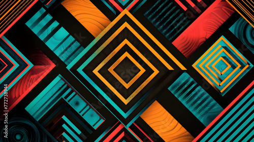 A colorful abstract background with geometric patterns. The colors are bright and bold, creating a sense of energy and movement. The design is likely meant to evoke feelings of excitement