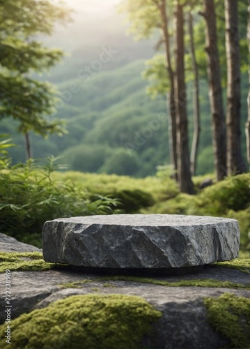3D Empty top of stone table or stone platform on nature background. For product display #772738969