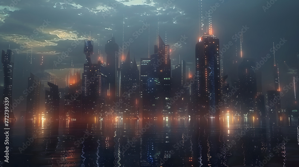 Futuristic skyscrapers illuminate the city. generative ai.