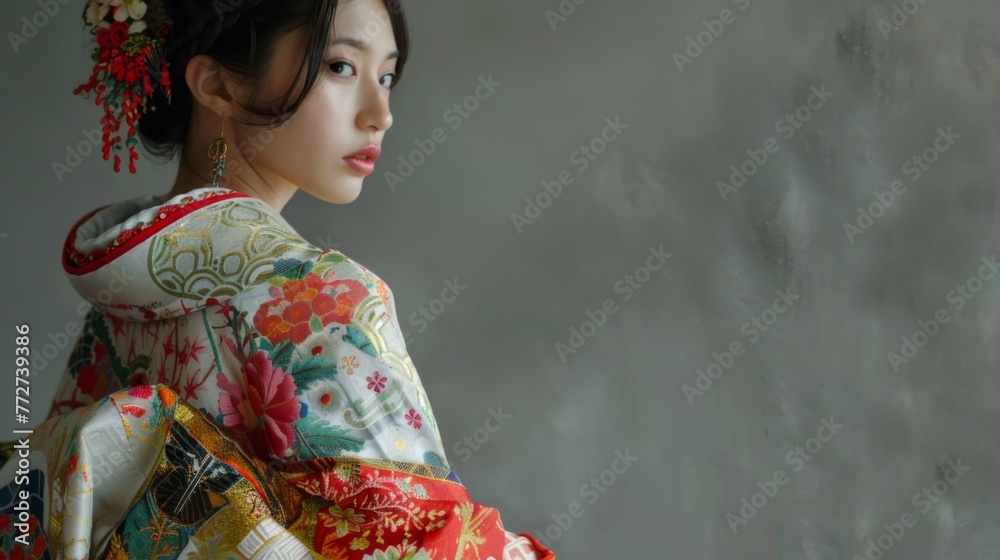 Japanese woman in a traditional kimono on grey background. Female in asian clothes. Japanese woman in a traditional kimono on grey background. Female in asian clothes.